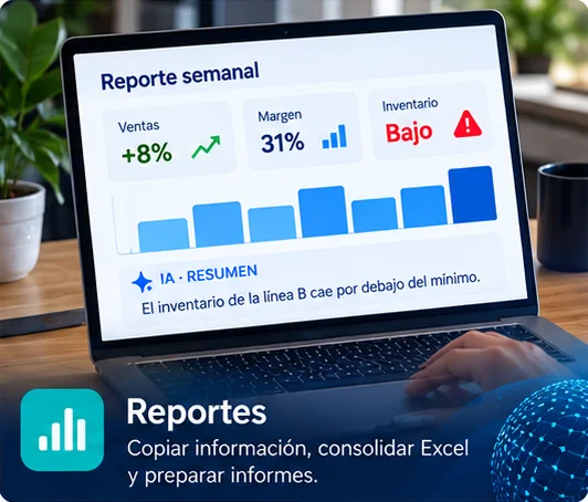 Portátil con un reporte semanal de ventas, margen e inventario y un resumen que alerta inventario bajo.