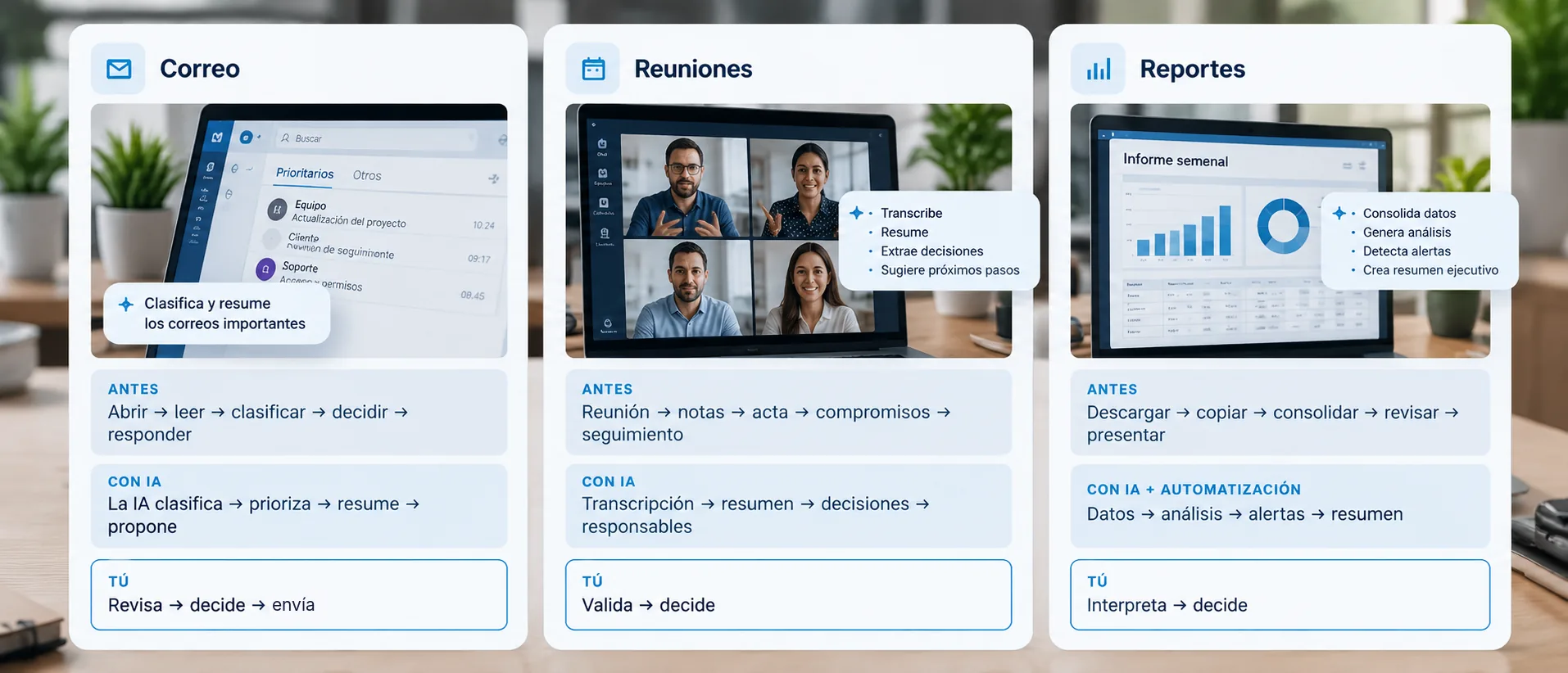 Correo, reuniones y reportes: antes se hacían a mano; con IA y automatización el trabajo llega preparado y tú revisas, validas e interpretas antes de decidir.