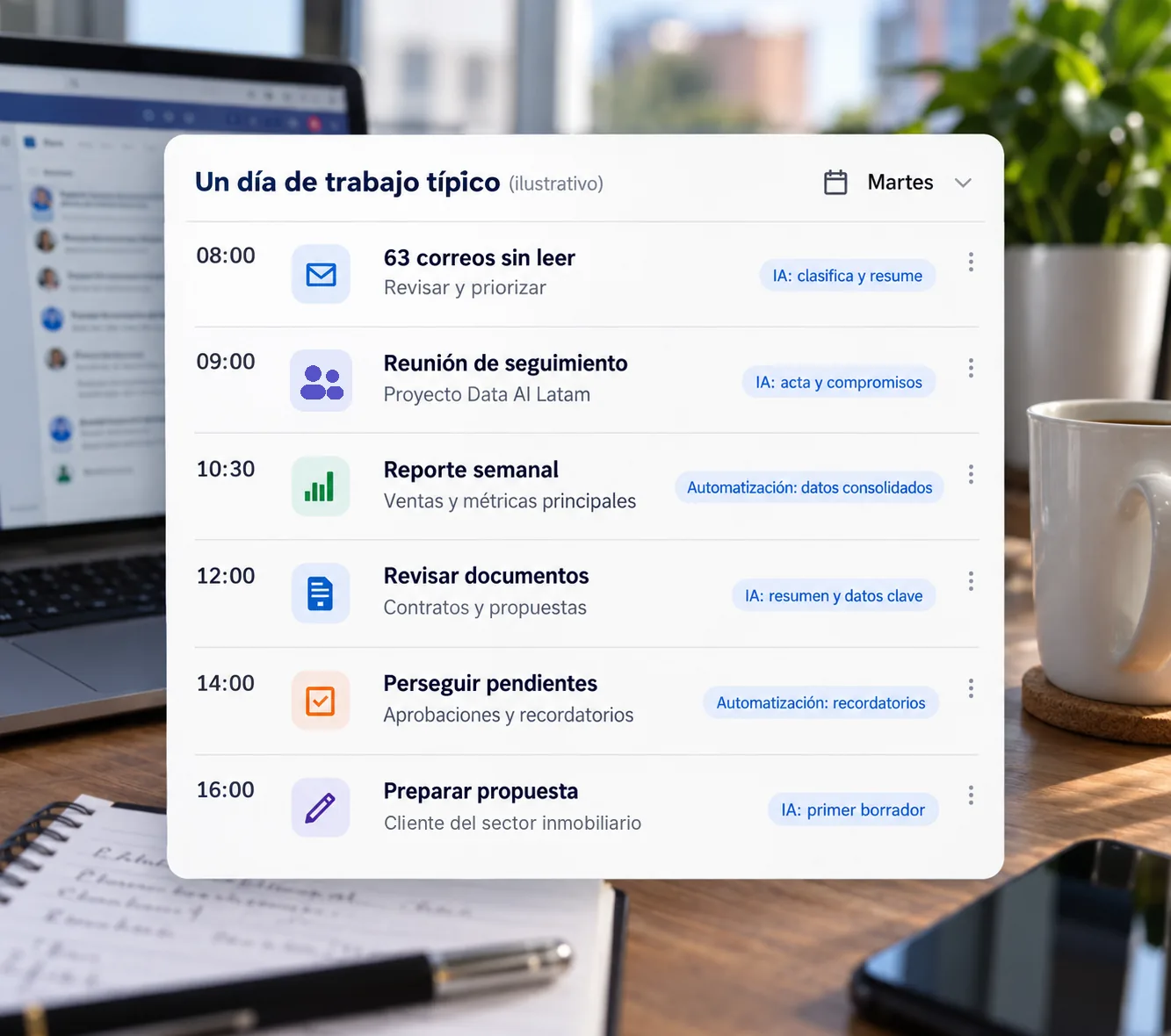 Escritorio de trabajo con una agenda ilustrativa del martes: correos, reunión, reporte, documentos, pendientes y propuesta, cada uno con apoyo de IA o automatización.