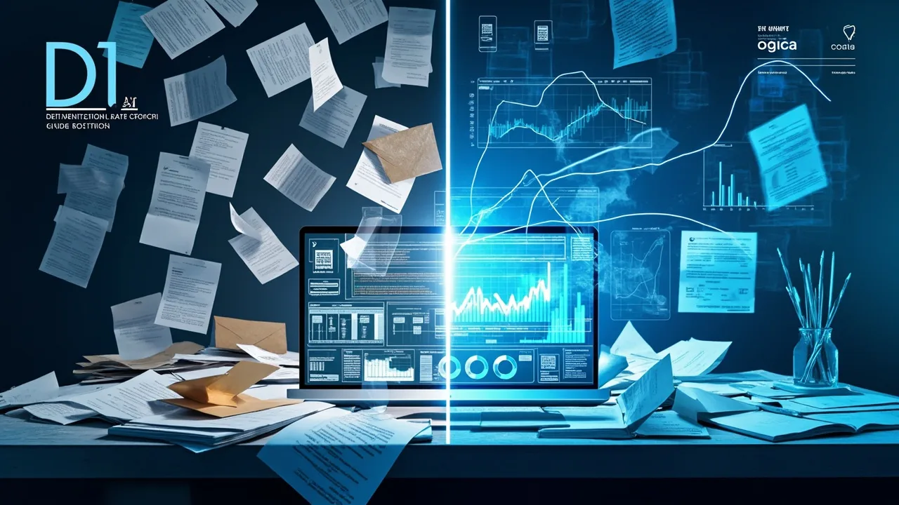 Comparación visual entre una empresa operando con información desordenada y otra con analítica de datos clara y estructurada