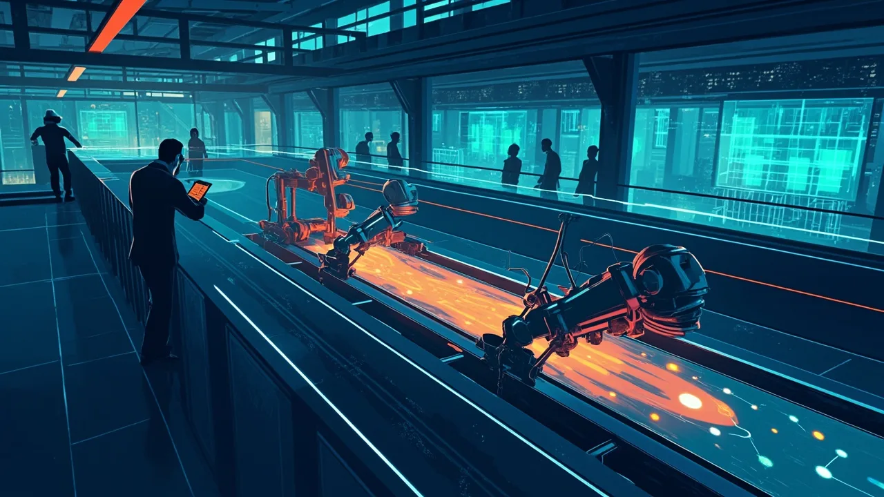 Sala industrial con brazos robárticos automatizando tareas y operarios en silueta observando desde una sala de control