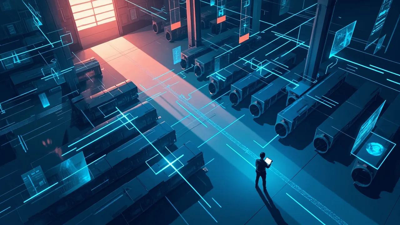 Persona observando una red de conductos metálicos iluminados, representación de flujos de datos automatizados