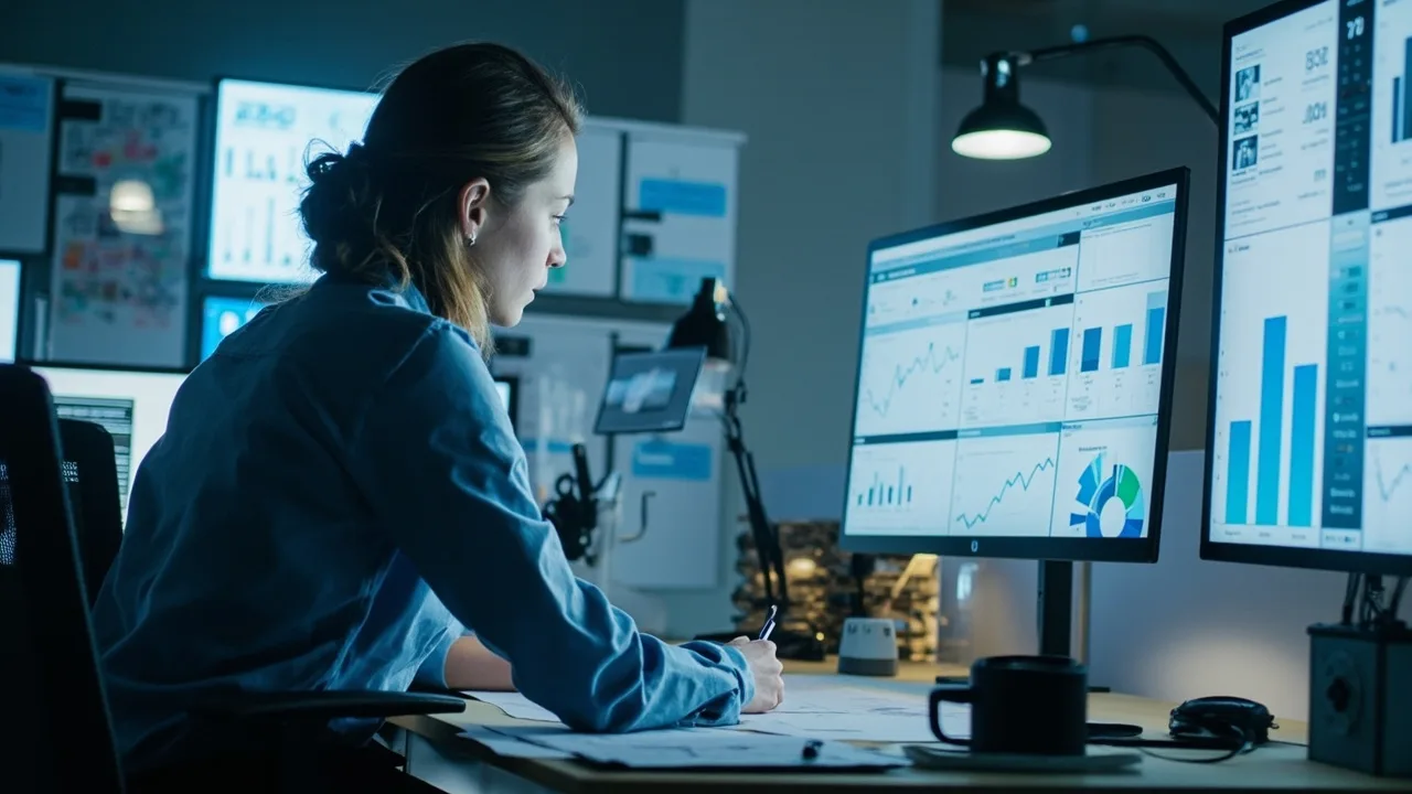 Escritorio profesional con pantalla mostrando un dashboard de Business Intelligence y tablero con indicadores de negocio