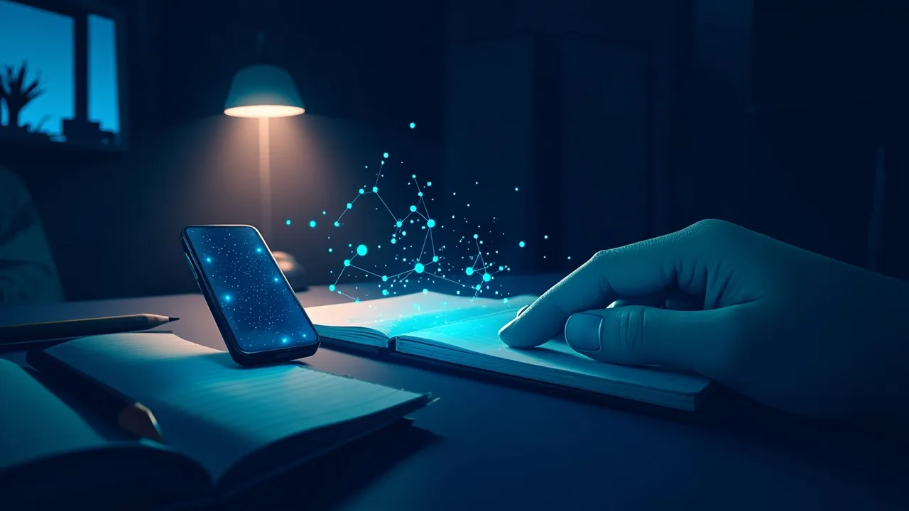 Mesa de trabajo con un teléfono móvil apagado y una libreta abierta, iluminada por un foco cálido, en un momento de pausa ope